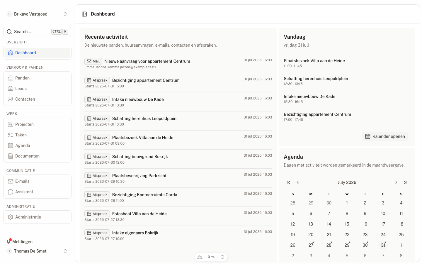 Gevuld Brikavo-dashboard met recente activiteiten, dagplanning en agenda